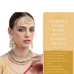 ORANGENYSHA 22K Gold-Plated Kundan & Pearl Beaded Jewellery Set With Mangtikka image 3