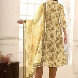 Anouk Yellow & Brown Floral Printed Pure Cotton Anarkali Kurta with Trousers & Dupatta image 5