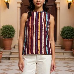 SZN Women Multicolour Sleeveless Vertical Stripe Print High Neck Top-picture-26