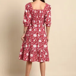 KALINI Floral Printed Pure Cotton Puff Sleeve Fit and Flare Midi Dress image 5