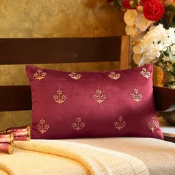 Revive Home Burgundy & Beige Embroidered Velvet Cushion Cover-picture-24