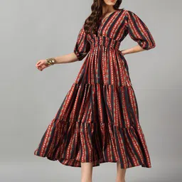 Femvy Geometric Printed V-Neck Tiered Fit And Flare Midi Dress image 3