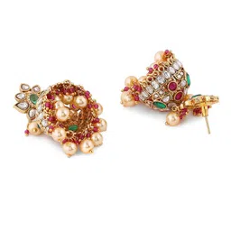Priyaasi Gold-Plated Kundan Stone Studded & Pearls Beaded Dome Shaped Jhumkas image 2
