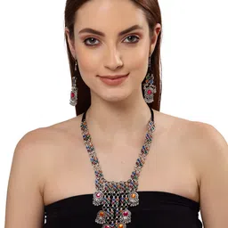 Shining Diva Oxidised Silver-Plated Pink & Orange Stone Studded Jewellery Set-picture-10