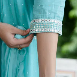 Kesarya Women Blue Ethnic Motifs Embroidered Empire Sequinned Pure Cotton Kurta with Trousers & With Dupatta image 4