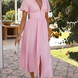 LULU & SKY Pink Solid Puff Sleeves Midi Dress image 2