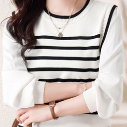 KPOP Women Striped Round Neck Long Sleeves Pullover Sweater-picture-18