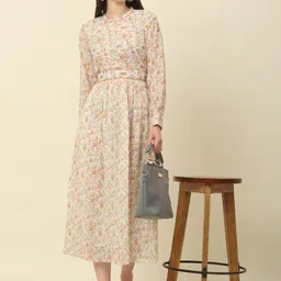shobhangi Women Fit and Flare White, Beige Midi/Calf Length Dress image 3