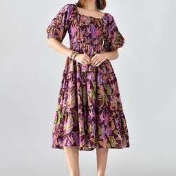 Moda Rapido Women Floral Print Smocked Crepe Square Neck Fit & Flare Dresses-picture-39