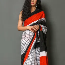 Craft Musium Checked Pure Cotton Block Print Saree With Blouse image 2