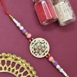 MEIRA JEWELLERY Stones Studded & Beaded Floral Thread Rakhi With Roli Chawal Greeting Card-picture-49