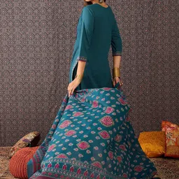 Indo Era Floral Embroidered Thread Work Pure Cotton Straight Kurta With Trouser & Dupatta image 5