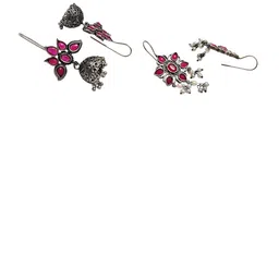 OOMPH Set Of 2 Artificial Stones Studded Floral Shaped Oxidised Jhumkas image 3