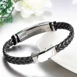 M Men Style Men Silver-Plated Srvasyapi bhavedhetu Leather Cuff Bracelet image 2