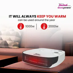durapower Flow| 2 heat levels 1000W/2000w| A grade Heating Element & Motor| Long wire Fan Room Heater image 3