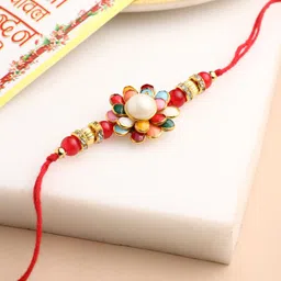 Anouk Stones Studded & Beaded Floral Design Thread Rakhi With Roli Chawal Chandan & Mishri image 1