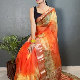 V3 FASHION STUDIO Tie and Dye Zari Organza Leheriya Saree image 2