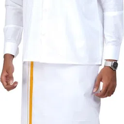 THENMATHI Men Traditional Cotton White Dhoties with Golden Jari Border Solid Men Dhoti image 3
