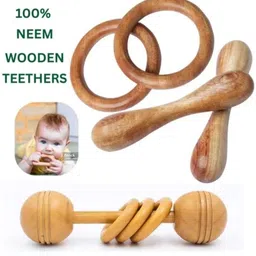 ranacreation Pure neem wood teether dumble rattle ring combo dumble combo Teether image 2