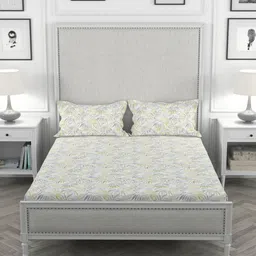 Yellow and Grey Floral 200 TC 100% Cotton King Sized Bedsheet With 2 Pillow Covers Solana Collection By Rosarahome image 2