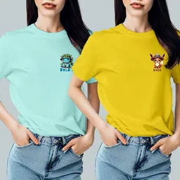 infirax Pack of 2 Women Graphic Print Round Neck Pure Cotton Multicolor T-Shirt image 2