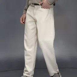 wrogn Men Loose Fit Mid Rise Beige Jeans image 4