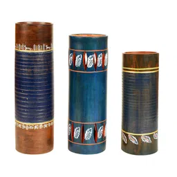 aakriti art creations Autumn Leaf (Set Of 3) Blue Terracotta Floor Vase image 2