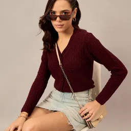 roadster Women Solid V Neck Maroon Sweater-picture-17