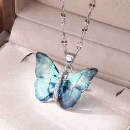 Silver Plated Stone Studded Stainless Steel Anti Tarnish Butterfly Pendant Chain Sterling Silver Agate Sterling Silver, Stainless Steel, Silver Pendant Set-image-69