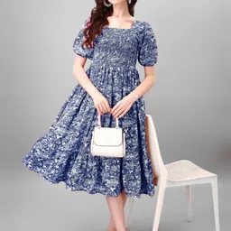 Raiyani Enterprise Floral Print Puff Sleeve Smocked Tiered Fit & Flare Midi Dress-image-13