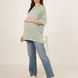 angloindu Round Neck Drop-Shoulder Sleeves Oversized Cotton Maternity T-shirt image 5
