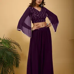 SANCIA V-Neck Embellished Flared Sleeves Crop Top With Flared Palazzo-picture-11