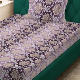 KLOTTHE Purple & White Floral Printed 300 TC Fitted Single Bedsheet With Pillow Cover image 5