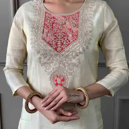 SHOPONBIT Women Embroidered Regular Sequinned Chanderi Silk Kurti with Trousers & With Dupatta image 2