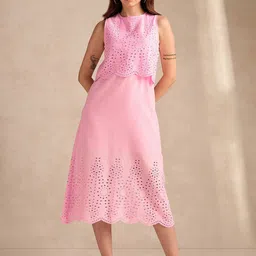 Outzidr Women Floral Self Design Sleeveless Cotton A-Line Midi Dress-image-36