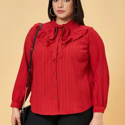 Honey Curvytude by Pantaloons Tie-Up Neck Shirt Style Plus Size Top-picture-53