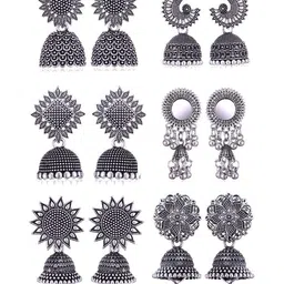 Sangria Set Of 6 Silver-Plated Dome Shaped Oxidized Jhumkas-picture-32