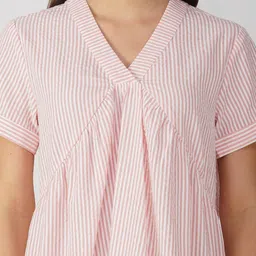 HERE&NOW Women White & Pink Striped V-Neck A-Line Cotton Mini Dress With Flared hem image 4