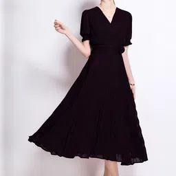 JC Collection Women V-Neck Puff Sleeves Fit and Flare Midi Dress-picture-36