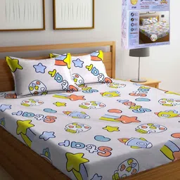 FABINALIV White & Yellow Cartoon Characters 300 TC King Bedsheet with 2 Pillow Covers-picture-39
