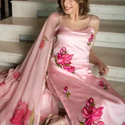 KALINI Floral Printed Tie-Up Neck Straight Kurta With Trousers And Dupatta image 4