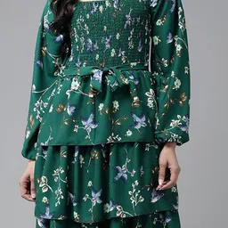 BAESD Floral Printed Off-Shoulder Puff Sleeve Georgette Layered Fit & Flare Midi Dress image 2
