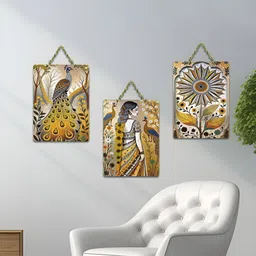 ArtVibes Yellow & Navy Blue 3 Pieces Grace Nature Bloom Printed Wooden Wall Hanging Decors image 3