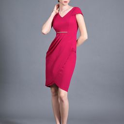 Miss Chase Women Solid V Neck Cap Sleeves Polyester Side Pocketed Knee Long Dress-picture-37