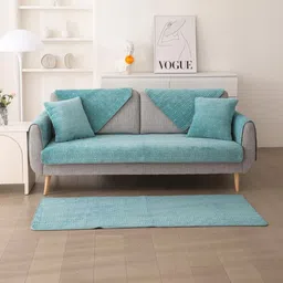 HOMETHREADS Multicoloured & Teal Printed 5 Piece Sofa Cover-image-29