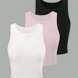 BAESD Pack Of 3 Ribbed Round Neck Sleeveless Tank Crop Tops-picture-34