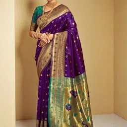 Kalista Woven Design Zari Silk Blend Handloom Paithani Saree-picture-34