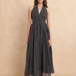 RAREISM Polka Dot Printed Halter Neck Janert Primary Black Fit-Flare Maxi Dress-image-11