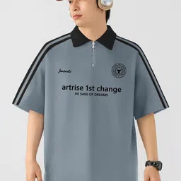 JUMPCUTS Men Typography Printed Polo Collar Drop-Shoulder Sleeves T-shirt-picture-29