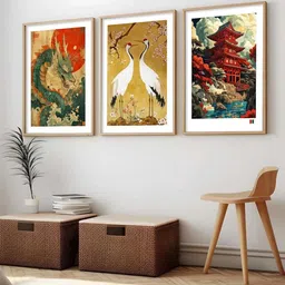 Kotart Green & White 3 Pieces Japanese Art Wooden Rectangle Wall Arts-picture-33